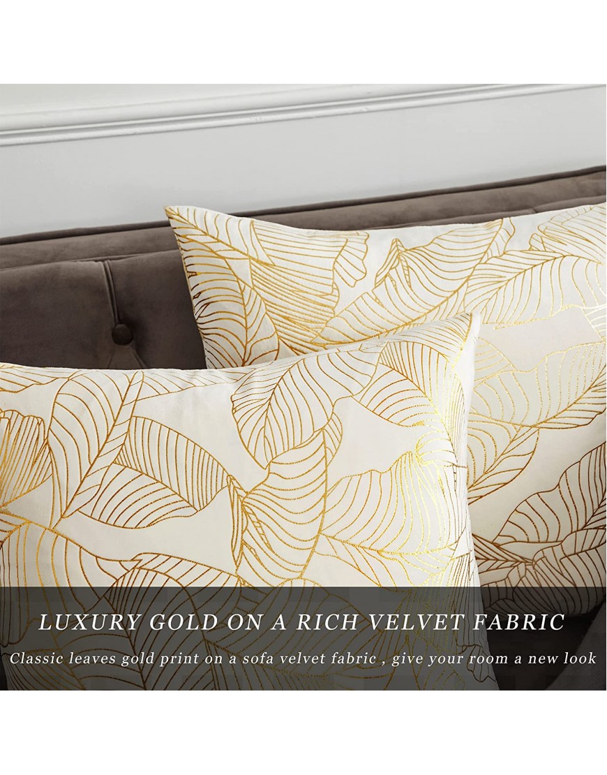 GIGIZAZA White Throw Pillow Covers 22x22,Decorative Velvet Gold Leaves Ivory Couch Pillow Covers Set of 2