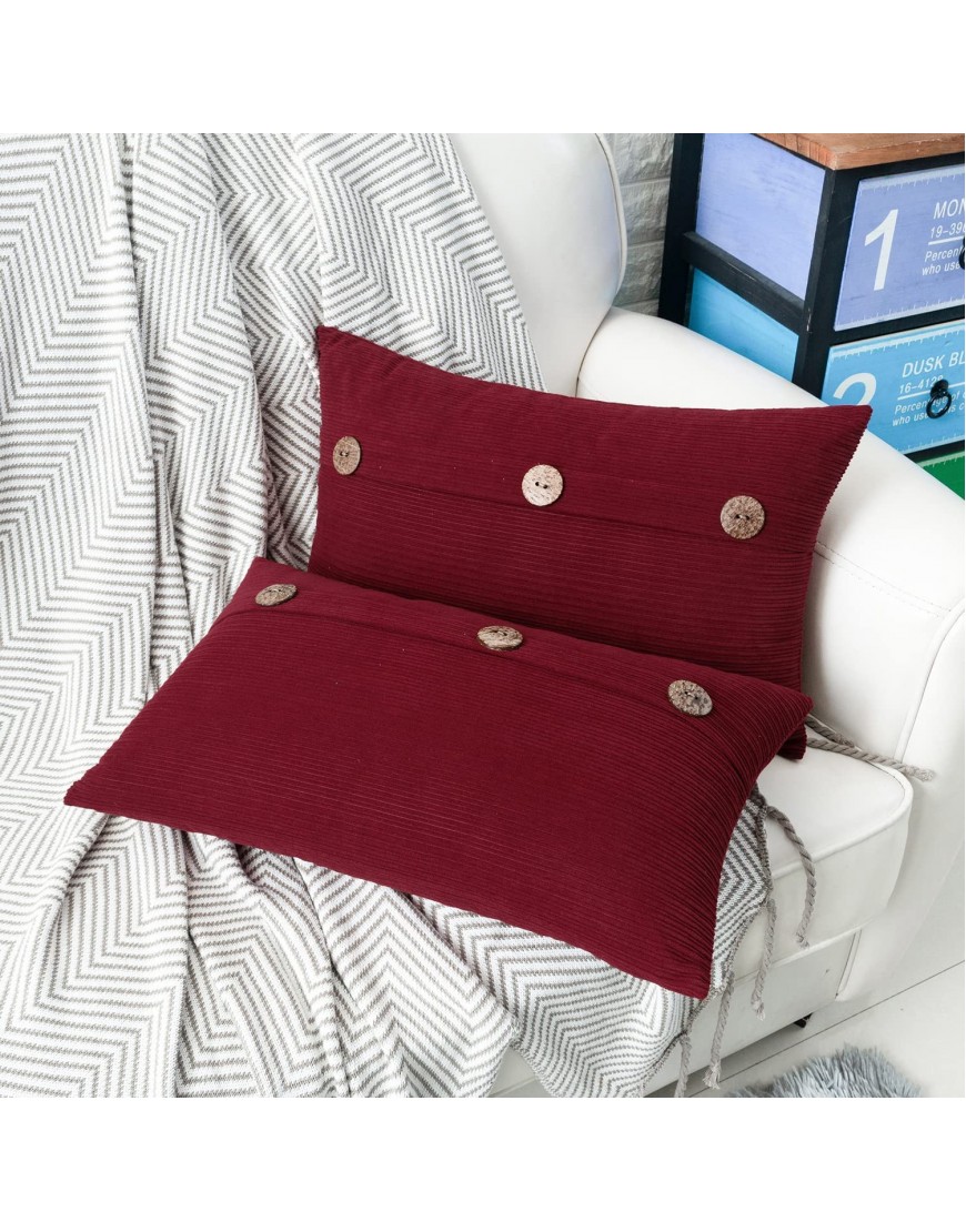 HWY 50 Burgundy Red Decorative Throw Pillow Covers Set 12x20 inch for Couch Sofa Bed Soft Cozy Chenille with Triple Button Farmhouse Rectangle Throw Pillows Cases Cushion Cover Pack of 2