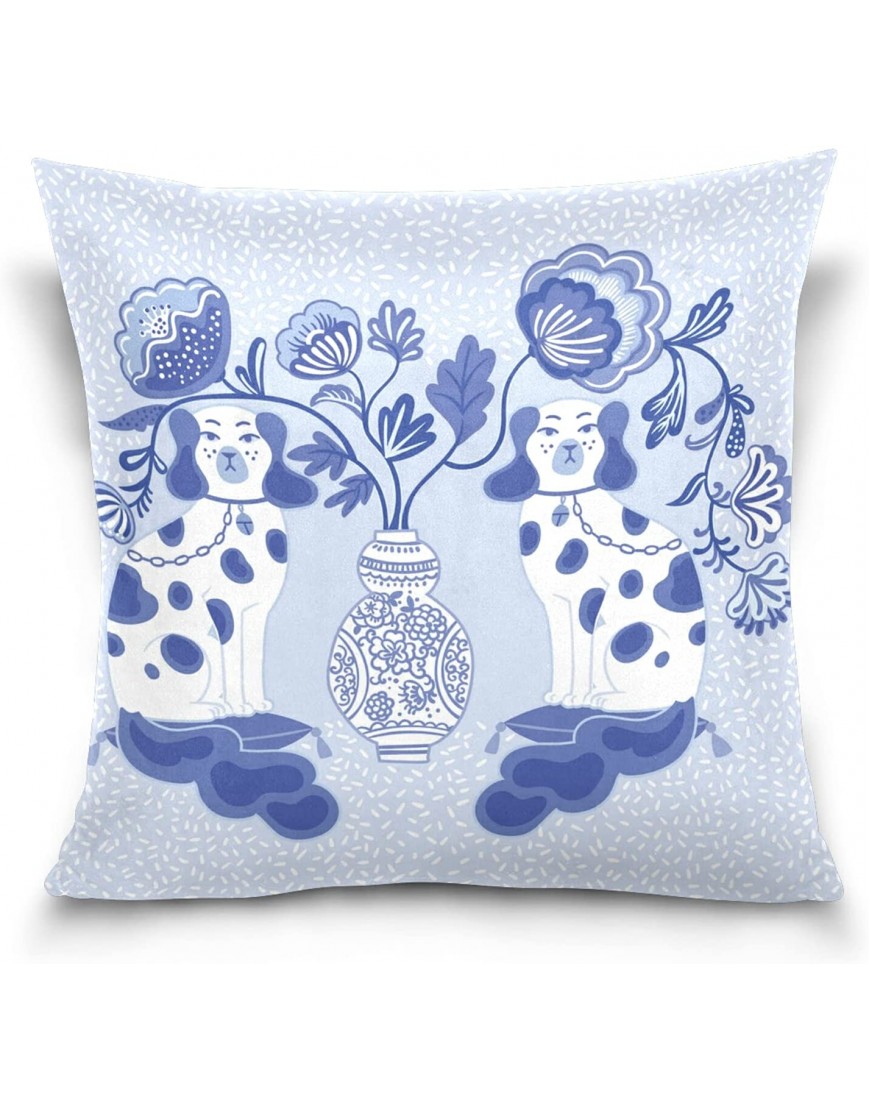 JUMA Pillow Cases Staffordshire Dogs in Chinoiserie Style Blue and White Porcelain Throw Pillow Covers Home Bedding Decorative Pillows Inserts Covers Cotton Velvet 16''X16'' for Sofa Couch Bed Office