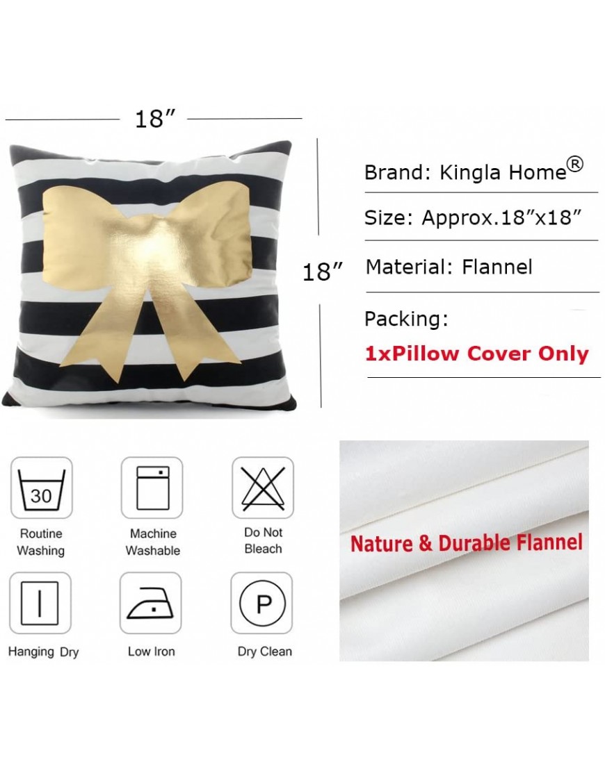 Kingla Home Soft Pillow Cases Decorative Throw Pillow Covers 18 x 18 Inch Cute Golden Bow Tie Black Stripes Couch Pillow Covers