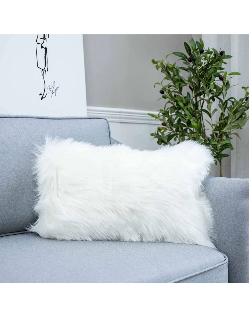 LIGICKY Decorative Lumbar Soft Faux Fur Throw Pillow Cover Luxury Series Rectangle Plush Pillow Case Cushion Cover for Couch Sofa Bed 12" x 20" White