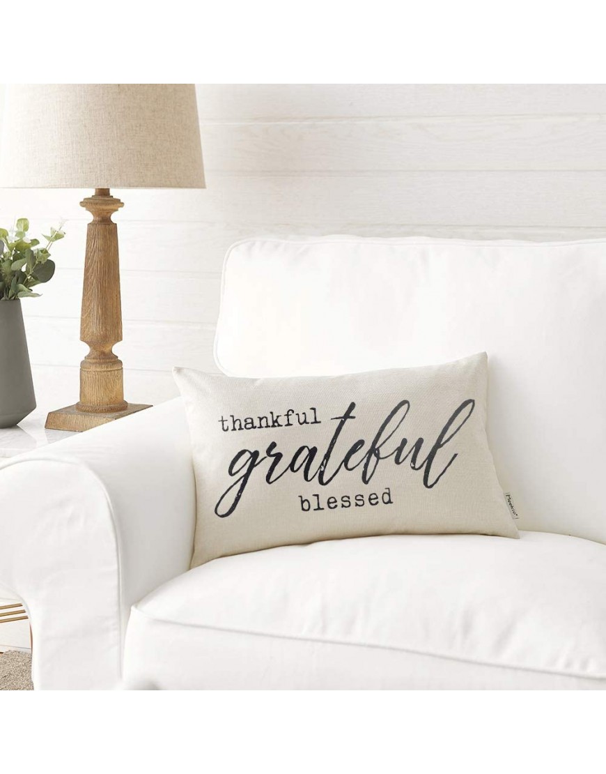 Meekio Farmhouse Pillow Covers with Thankful Grateful Blessed Quote 12 x 20 Farmhouse Rustic Décor Lumbar Pillow Covers with Saying Housewarming Gifts Family Room Décor