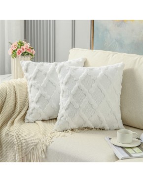 OMIO Pack of 2 Soft Plush Short Faux Wool Velvet Decorative Throw Pillow Covers Luxury Square Pillowcases Boho Cushion Covers for Couch Sofa Bedroom 16"x16" White