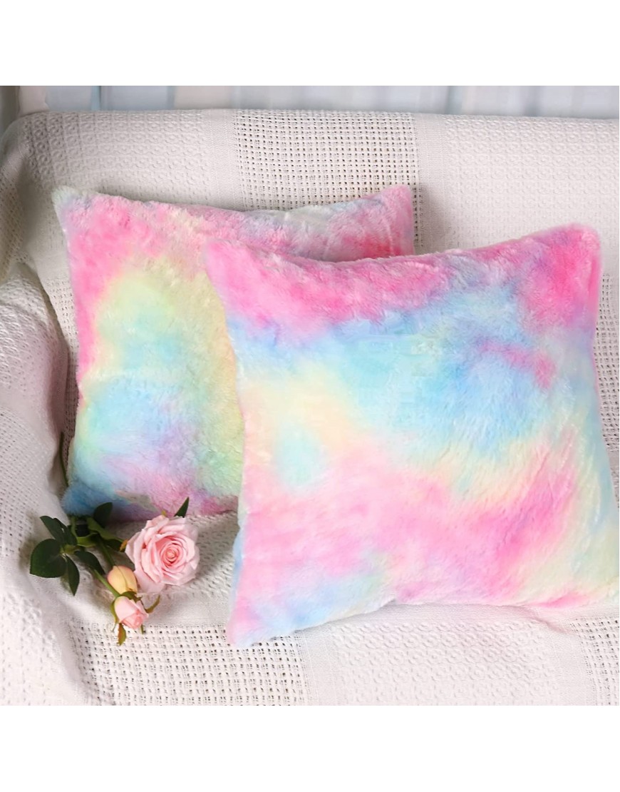 Pack of 2  Unicorn Pillows for Girls Room Decor Throw Pillow Covers Super Cute and Soft Faux Rabbit Fur Rainbow Decor Couch Pillows 2 Sides Same Color 18 x 18 Inch 45 x 45 cm