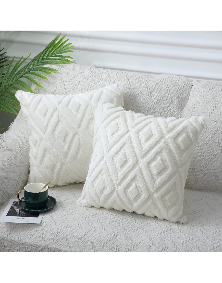 Pallene Soft Decorative Throw Pillow Covers 18x18 Inch Plush Short Faux Fur Diamond Pattern Couch Pillow Covers for Living Room Set of 2 Cream White