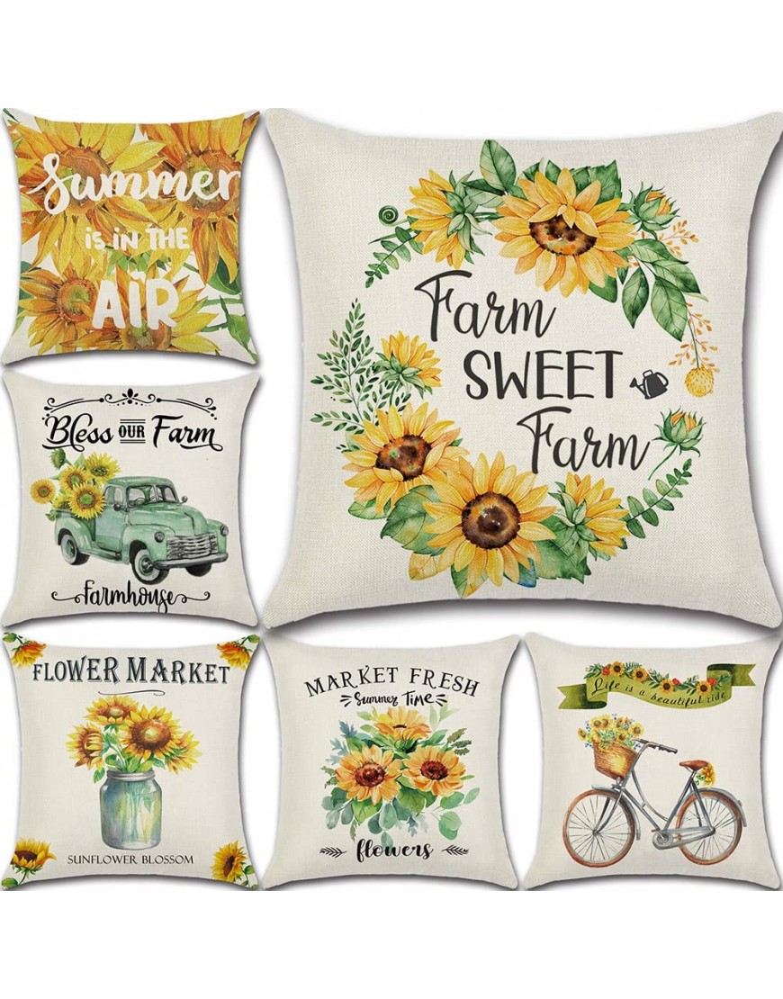 Summer Pillow Covers 18x18 Set of 6 Sunflower Decor Floral Wreath Sunflower Pillow Covers Farmhouse Decorative Outdoor Throw Pillow Covers Summer Decorations for Home