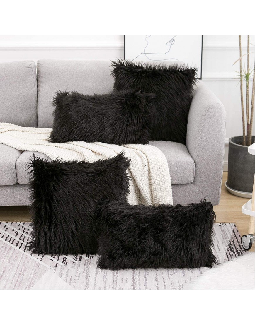 WLNUI Set of 2 Black Decorative Pillow Covers New Luxury Series Merino Style Faux Fur Fluffy Throw Pillow Covers Square Fuzzy Cushion Case 18x18 Inch