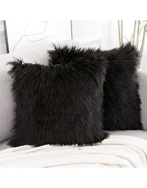 WLNUI Set of 2 Black Decorative Pillow Covers New Luxury Series Merino Style Faux Fur Fluffy Throw Pillow Covers Square Fuzzy Cushion Case 18x18 Inch