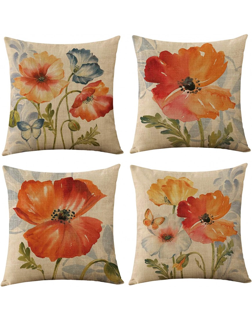 WOMHOPE Decorative Throw Pillow Covers Spring Flower Bird Butterfly Pillow Cases Cushion Cases Burlap Toss 18 x 18 Inch,Set of 4 for Living Room,Couch and Bed Big Orange