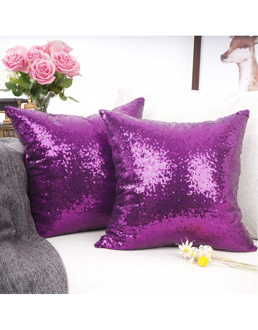 YOUR SMILE Pack of 2 New Luxury Series Purple Decorative Glitzy Sequin & Comfy Satin Solid Throw Pillow Cover Cushion Case 18 x 18 148