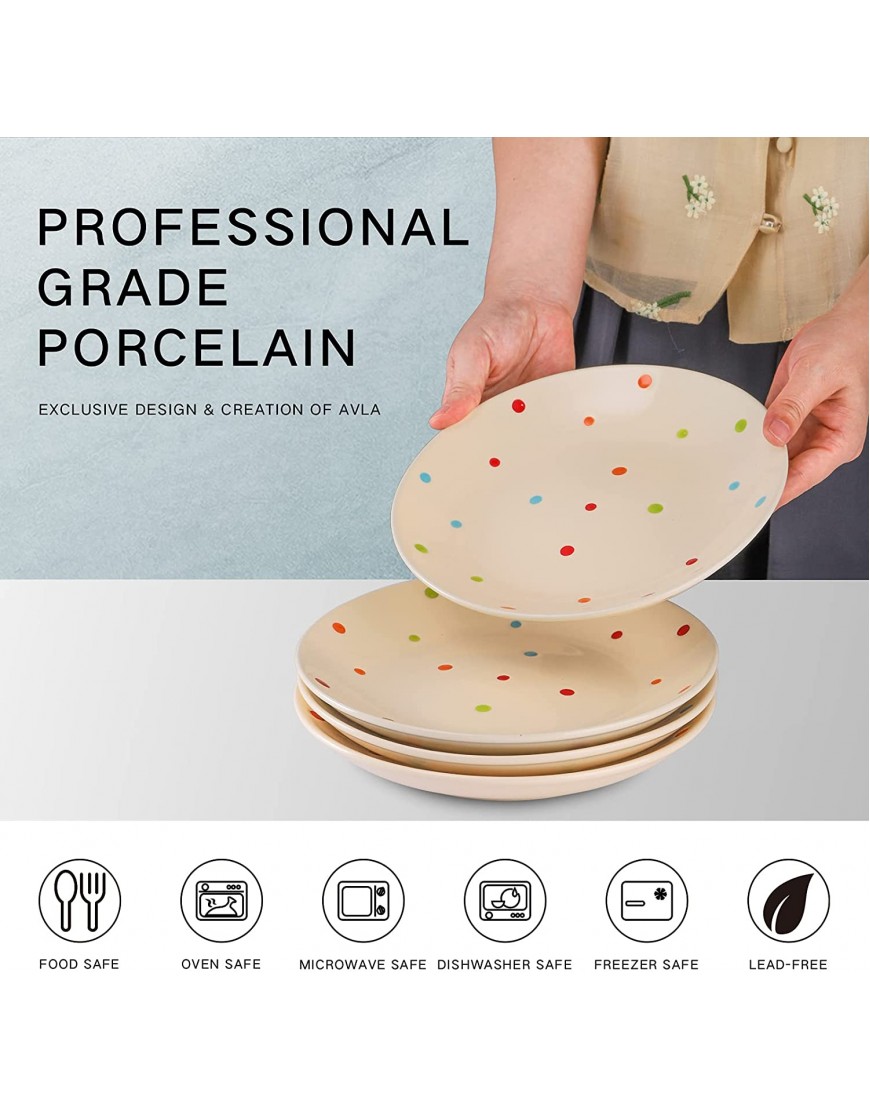 AVLA Ceramic Salad Dessert Plates 8 Inches Porcelain Small Modern Plates Set of 4 Round Appetizer Plates for Steak Pizza Snack Scratch Resistant Plates for Home Restaurant Party Dot Beige