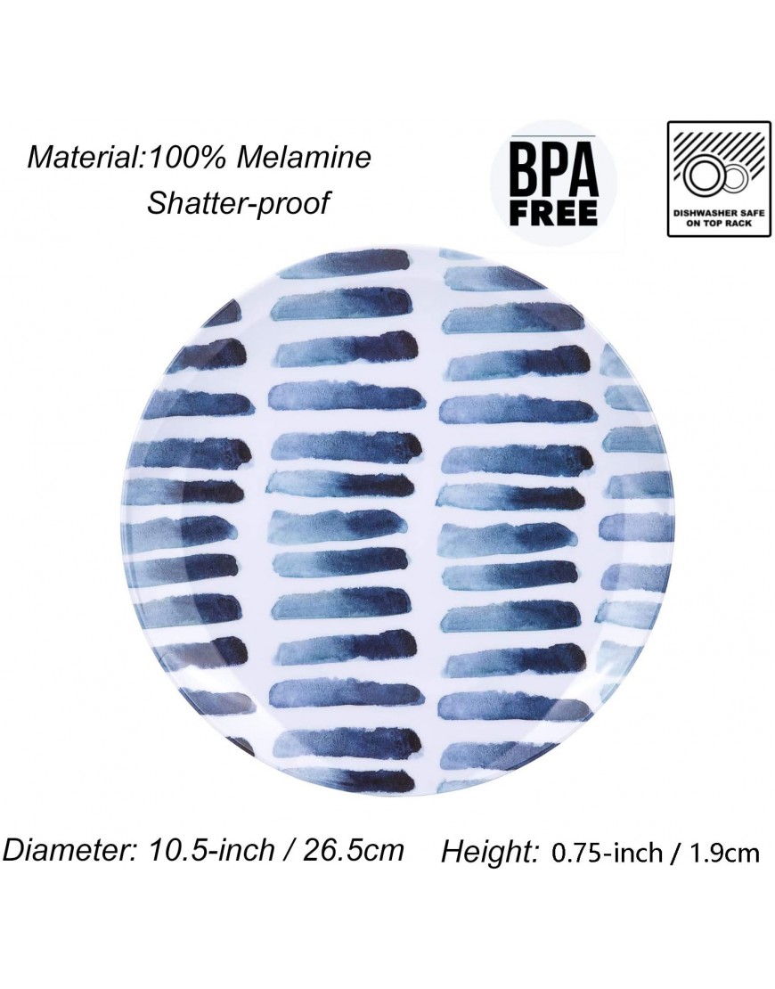 Blue Stripe Melamine Plates 10.5-inch Dinner Plates set of 6