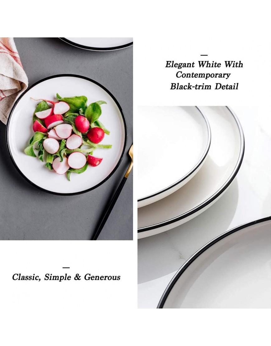 BonNoces 10 Inch Porcelain Dinner Plates Elegant White with Black Edges Design Classic Round Serving Plates Set for Steak Pasta and Salad Set of 6