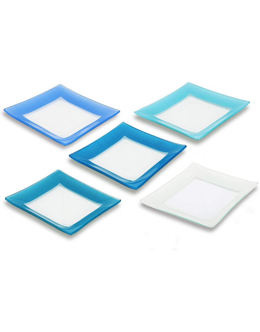 GAC Unique Design Assorted Blue Colors Square Tempered Glass Dessert Plates – 6 Inch – Set of 5 – Break Resistant – Oven Microwave and Dishwasher Safe – Attractive Multi-Colored Salad Plate Set