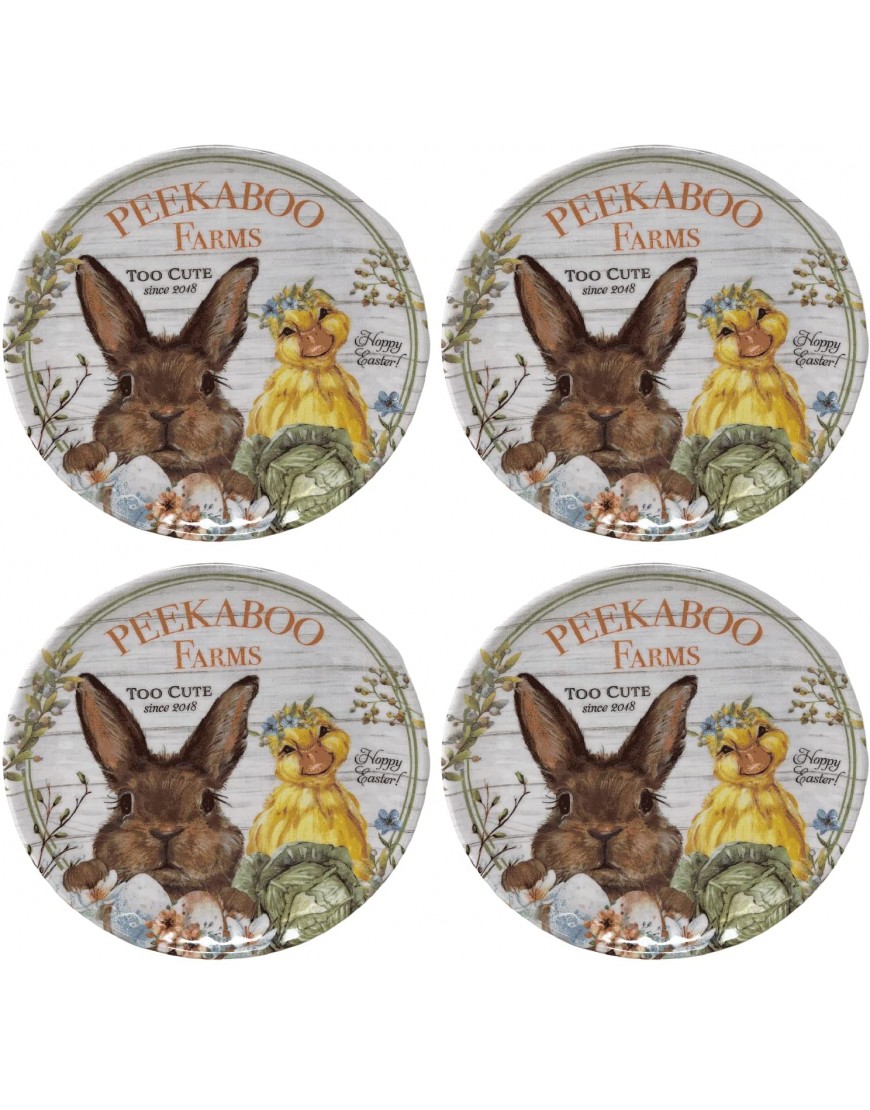 Northeast Home Goods Easter Collection Peekaboo Farms Melamine Dinner Plates Set of 4 10.5-Inch Brown Bunny and Yellow Duck