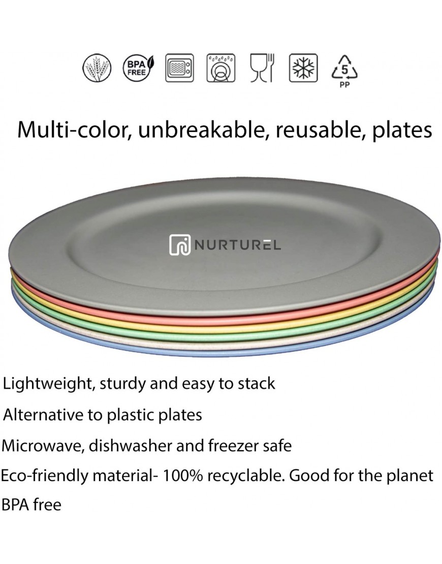 Plastic plates microwave safe and dishwasher safe. Unbreakable reusable 10 dinner plates. BPA free and eco friendly wheat straw plates and dinnerware sets for 6. For adults and family-grey