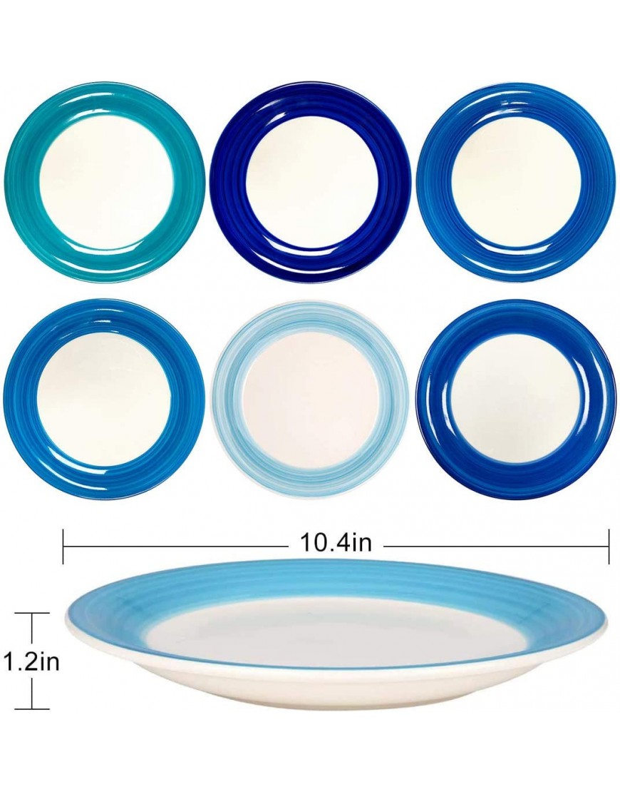 Reomore Dinner Plates Set of 6 10.4 inch Ceramic Dish Set- Microwave Oven and Dishwasher Safe Plates Kitchen Dinnerware Set Round Hand painted Assorted Blue Colors