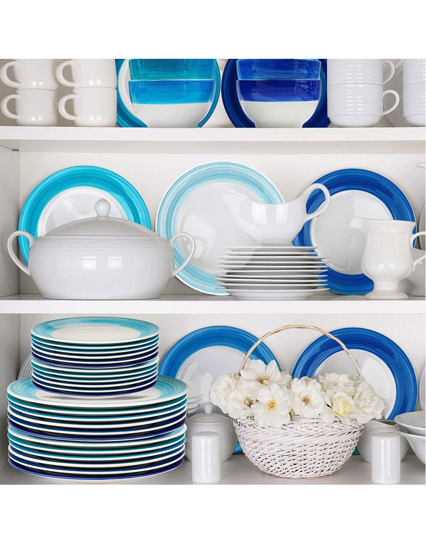 Reomore Dinner Plates Set of 6 10.4 inch Ceramic Dish Set- Microwave Oven and Dishwasher Safe Plates Kitchen Dinnerware Set Round Hand painted Assorted Blue Colors