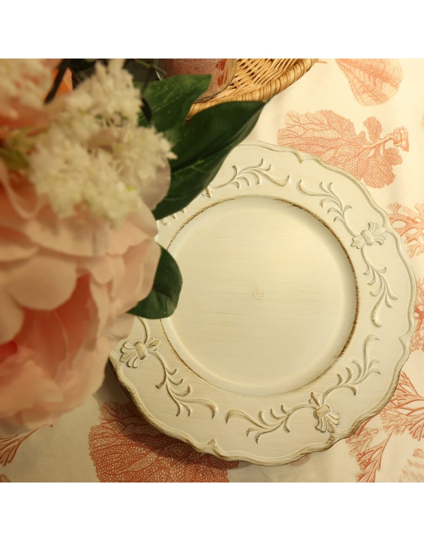 Spsyrine White Antique Charger Plate 13” Embossed Plastic Table Plate Chargers for Dinner Set of 6 Elegant Decorations for Wedding Dining Party Events.