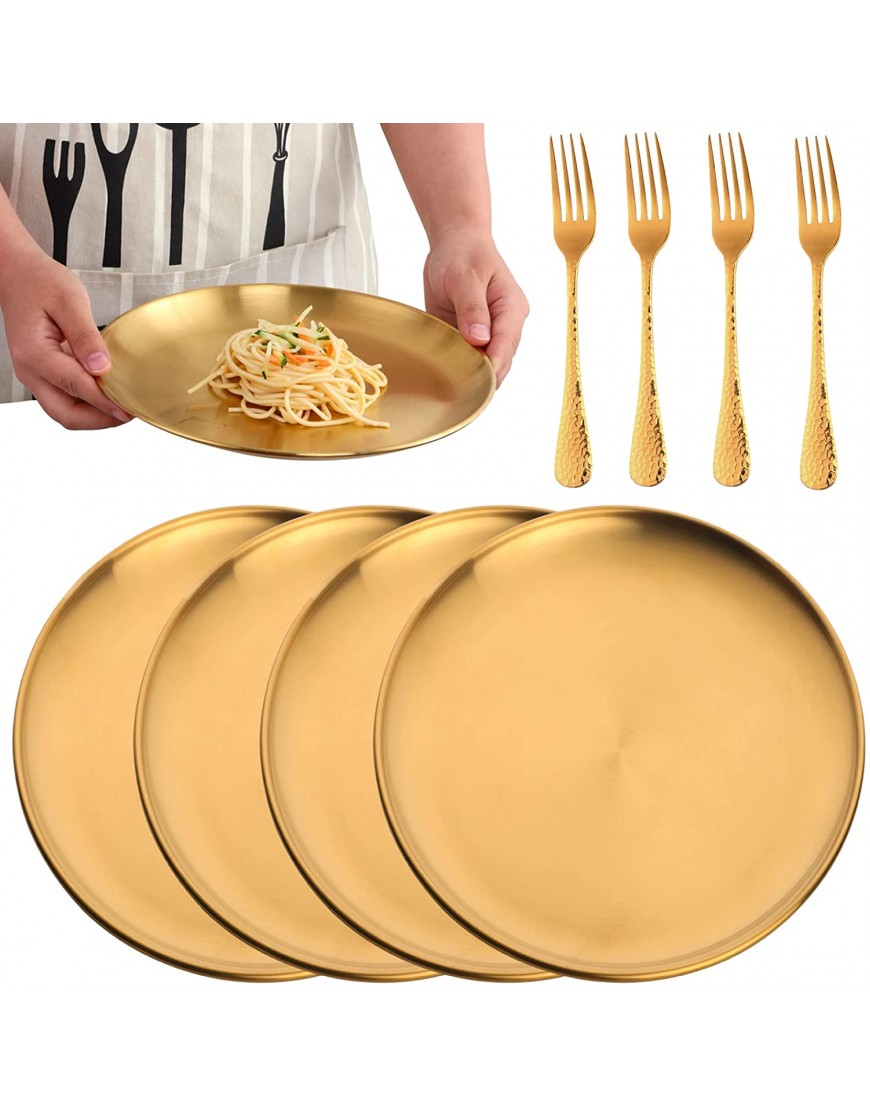 TUPMFG Stainless Steel Dinner Plates 11.69'' Round Salad Plates Set of 4 304 18 8 Metal Serving Dinner Plates for Camping Picnic Home Kichten  Gold