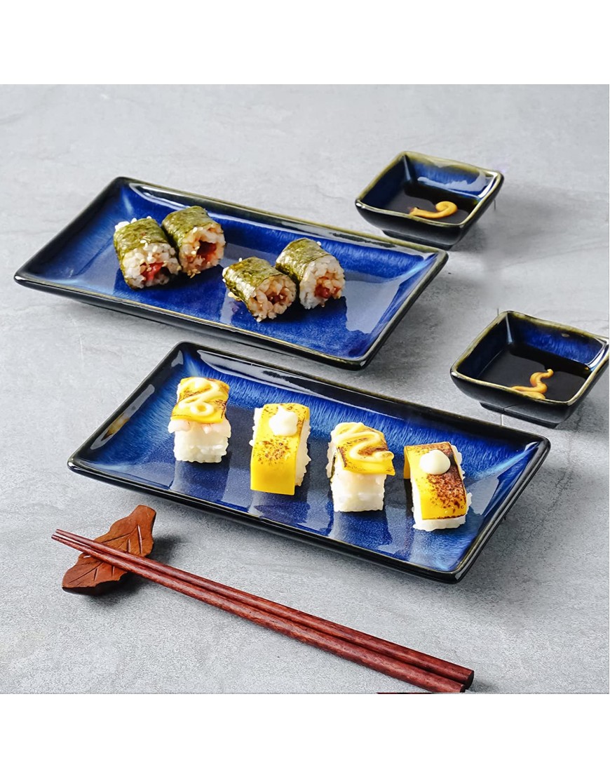 uniidea Ceramic Sushi Serving Tray Sets 2 6 Pieces Japanese Style Porcelain Sushi Plate Dinnerware with Soy Sauce Dishes Bamboo Chopsticks Housewarming Gift Blue