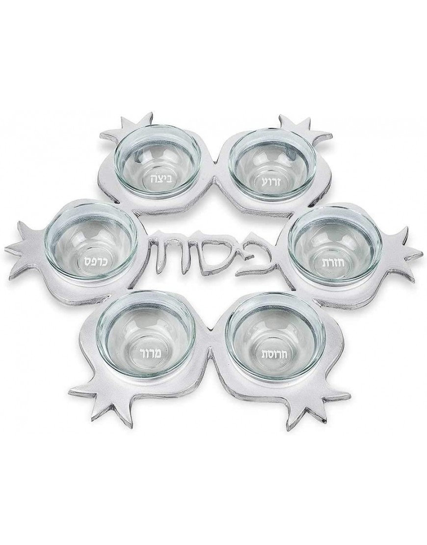 Zion Judaica Artistic Passover Seder Plate in the Shape of Pomegranates Shiny Aluminum with Fitting Glass Dishes for the Symbols Silver
