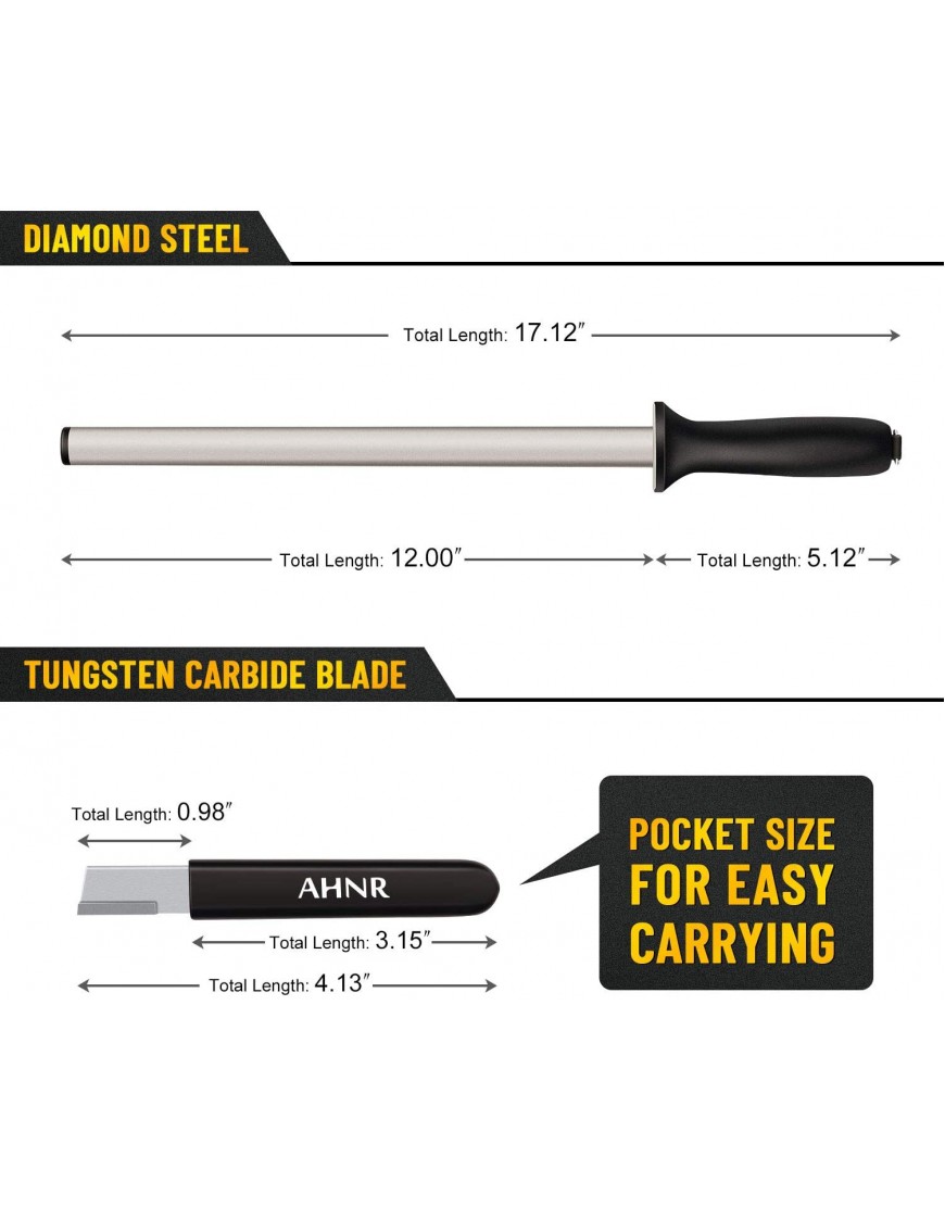 12 Inches Diamond Honing Steel Professional Knife Sharpener Rod AHNR Kitchen Knife Sharpening Rod & Tungsten Carbide Multi-Sharpener for Honing Knife Blades Pruning Shears Garden Tools
