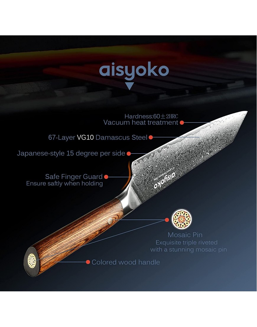 aisyoko Chef Knife 8 Inch Damascus Japan VG-10 Super Stainless Steel Professional High Carbon Super Sharp Kitchen Cooking Knife Ergonomic Color Wooden Handle Luxury Gift Box