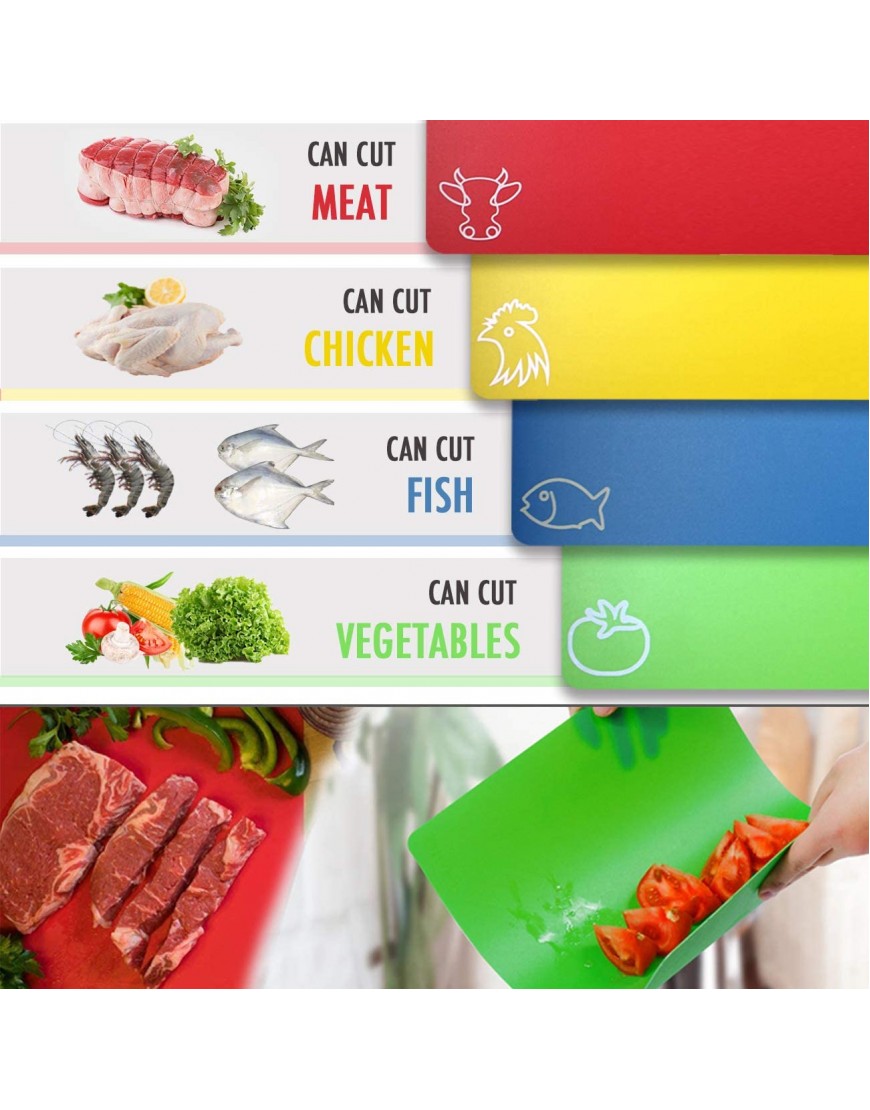 Cutting Board Mats Flexible Plastic Colored Mats With Food Icons Fotouzy BPA-Free Non-Porous Anti-skid back and Dishwasher Safe Set of 7+1