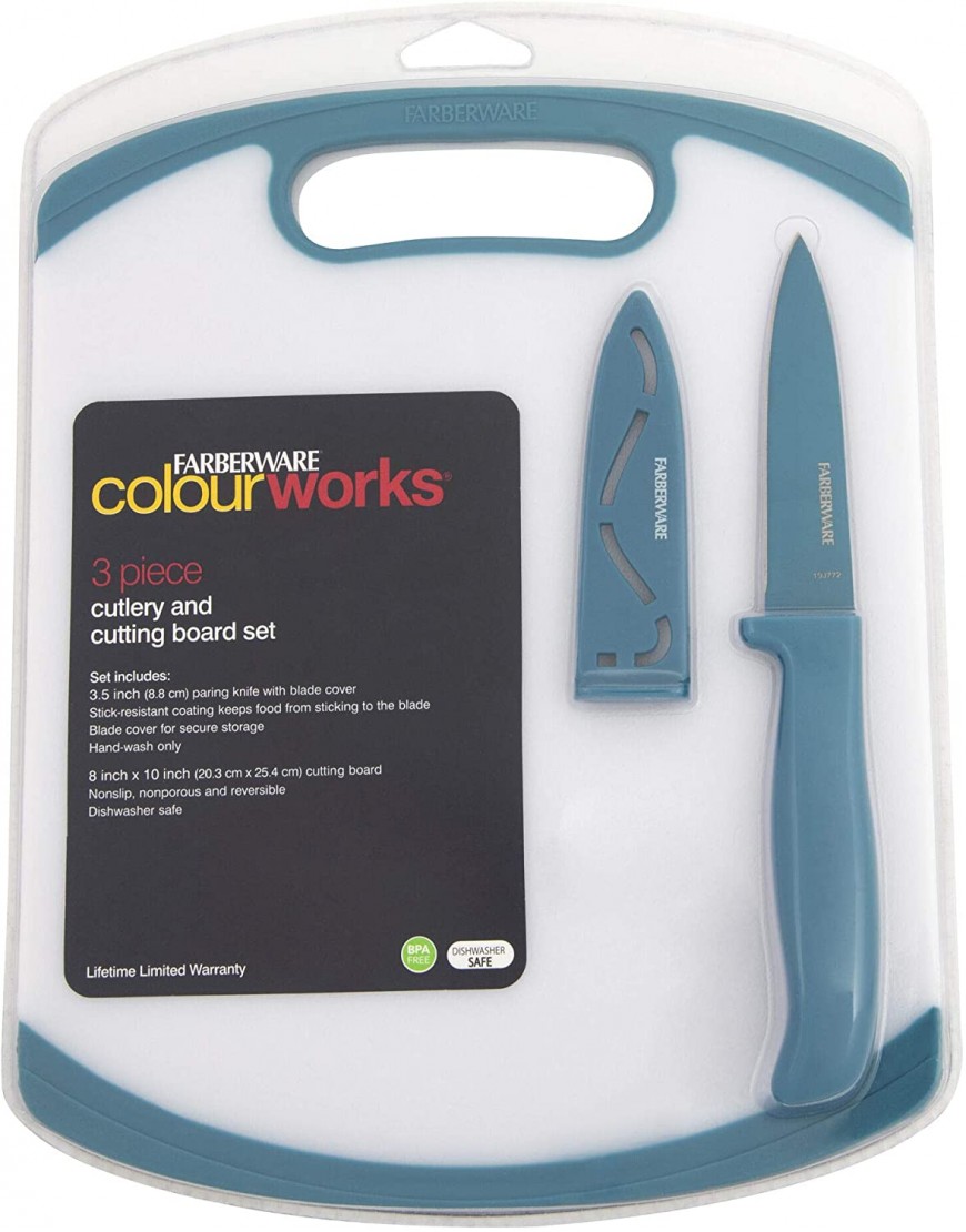 Farberware Paring Knife and Cutting Board Set White Blue -
