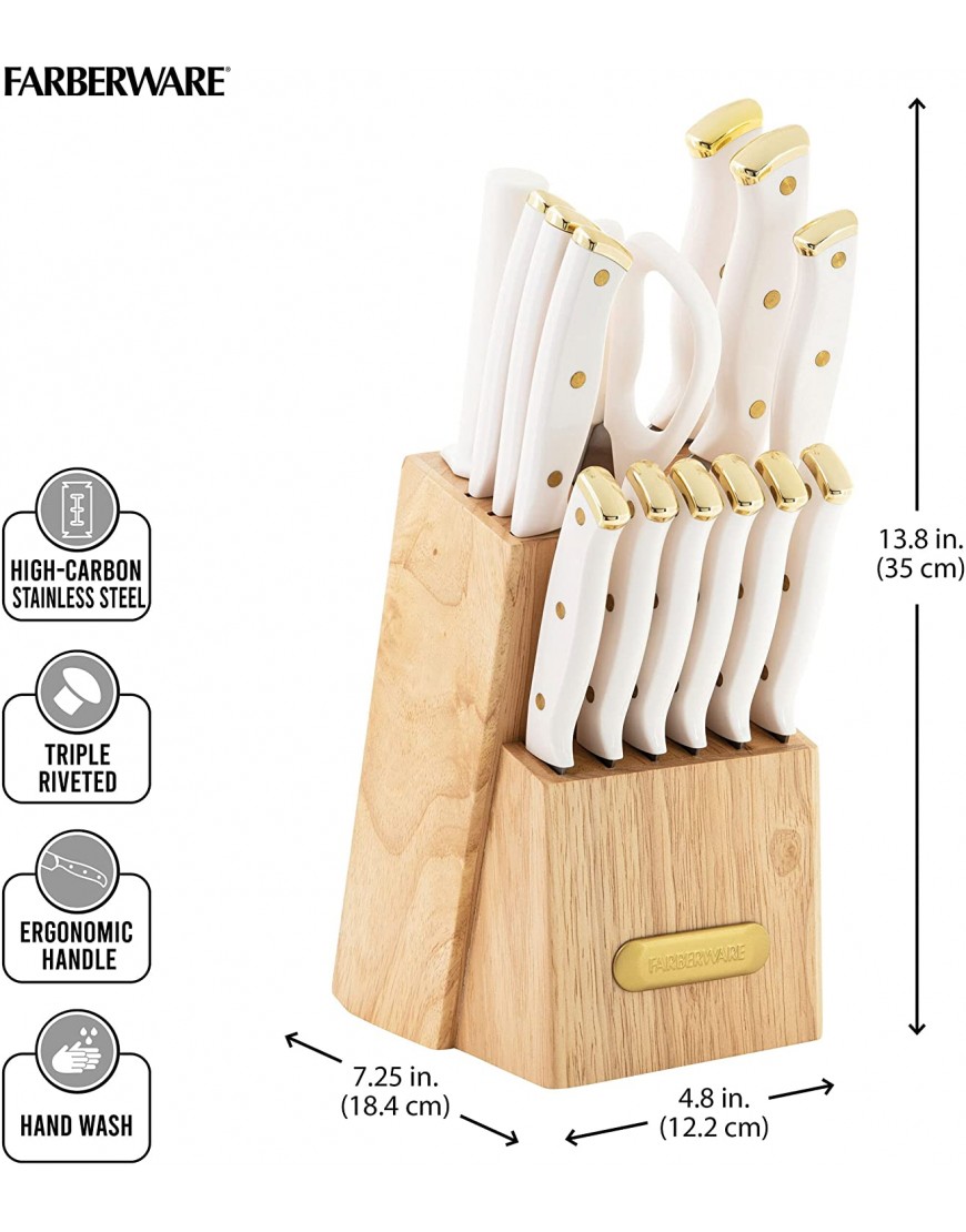Farberware Triple Riveted Knife Block Set 15-Piece White and Gold