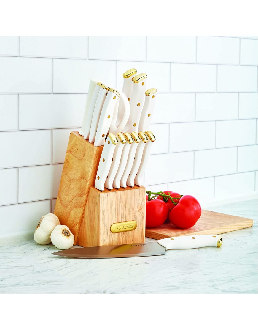 Farberware Triple Riveted Knife Block Set 15-Piece White and Gold