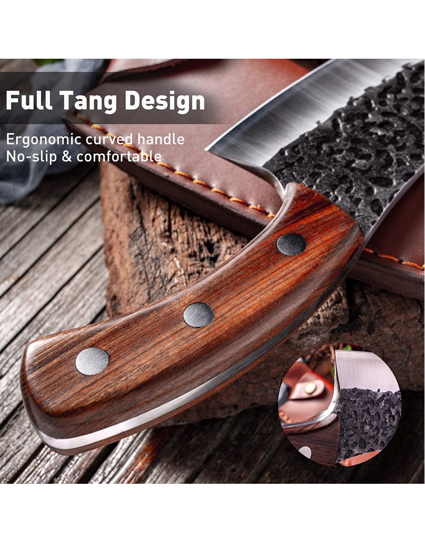 Hand Forged Meat Cleaver 6.3 Inch Kitchen Chef Knife with Leather Sheath and Gift Box Outdoor Butcher Knife Hammered Chopper Boning Knife for Home Camping BBQ Brown