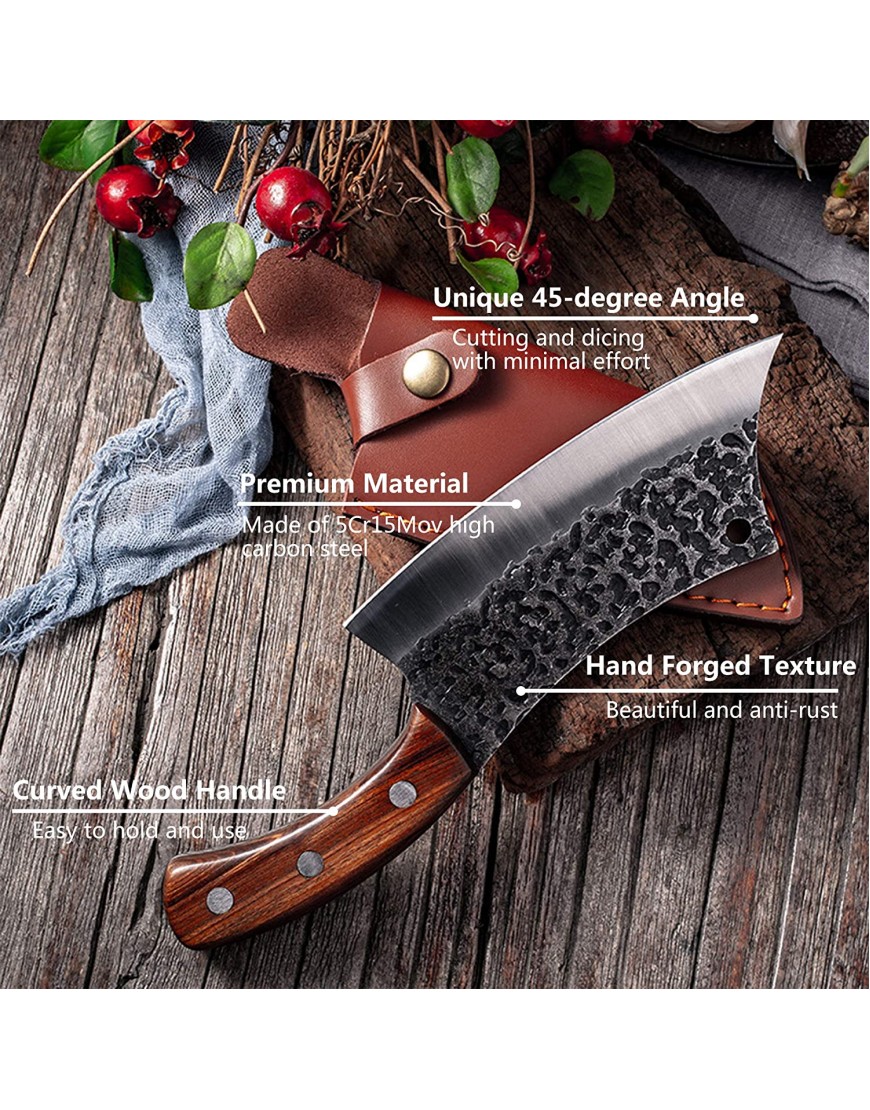 Hand Forged Meat Cleaver 6.3 Inch Kitchen Chef Knife with Leather Sheath and Gift Box Outdoor Butcher Knife Hammered Chopper Boning Knife for Home Camping BBQ Brown