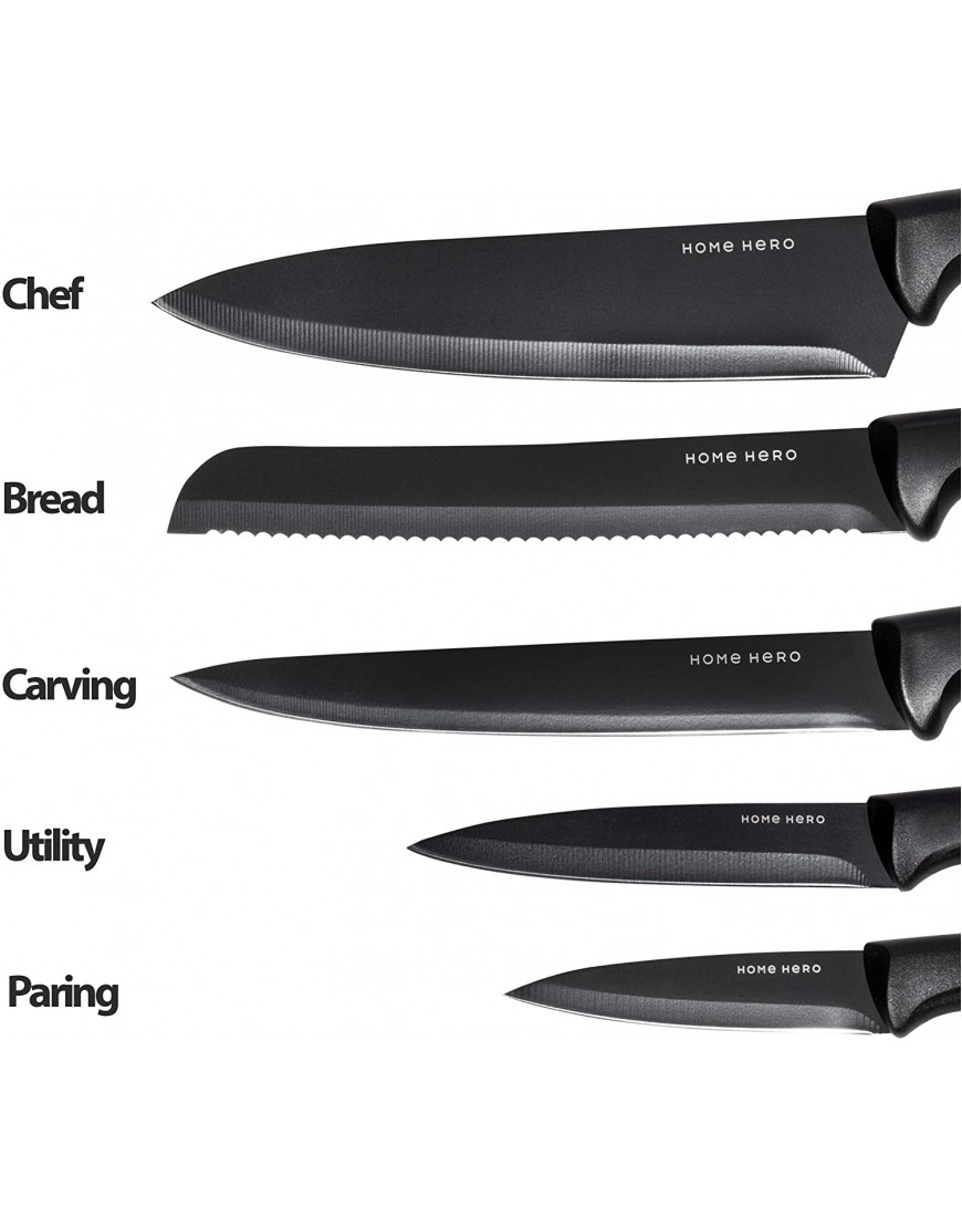 Home Hero 7 pcs Kitchen Knife Set Block Knife Set 5 Black Stainless Steel Knives & Knife Sharpener with Acrylic Stand Black Stainless Steel