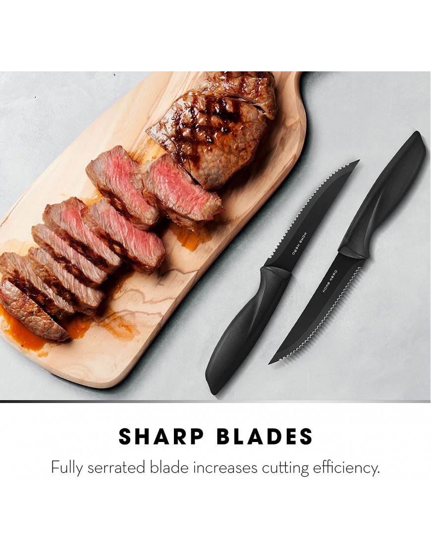 Home Hero 8 pcs Stainless Steel Steak Knife Set Serrated Steak Knives Set Dishwasher Safe Black Stainless Steel