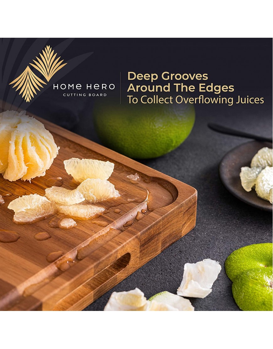 Home Hero X Large Wood Cutting Board 1.5 Thick Reversible Acacia Wood Charcuterie Board with Handle Butcher Block Cheese Board with Deep Groove and Bonus Cleaning Brush & Cheese Knife