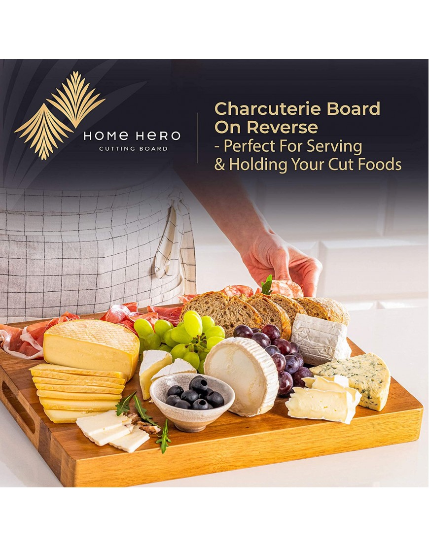 Home Hero X Large Wood Cutting Board 1.5 Thick Reversible Acacia Wood Charcuterie Board with Handle Butcher Block Cheese Board with Deep Groove and Bonus Cleaning Brush & Cheese Knife