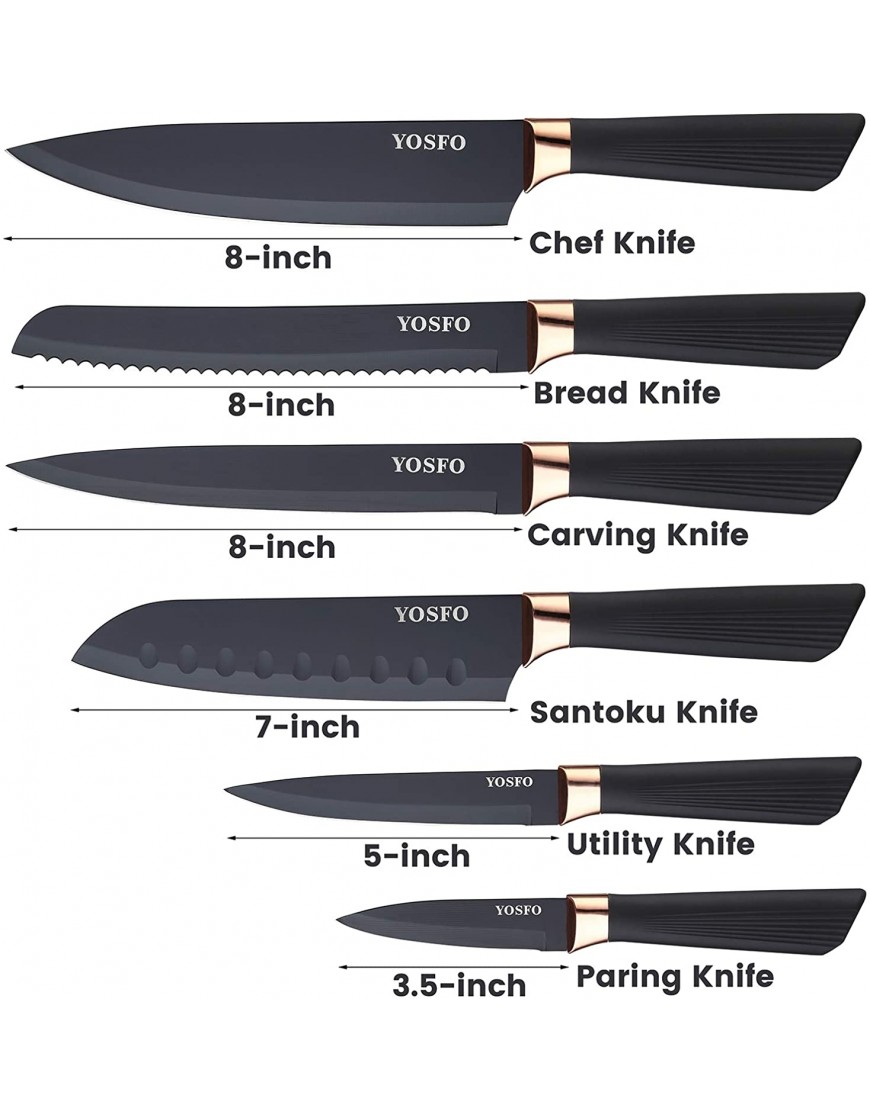 Kitchen Knife Set with Sheath 6 Piece Stainless Steel Chef Knives Set Includes 8'' Chef Knife 8'' Bread Knife 7'' Santoku Knife 5''Utility Knife 8” Carving Knife and 3.5'' Paring Knife Black