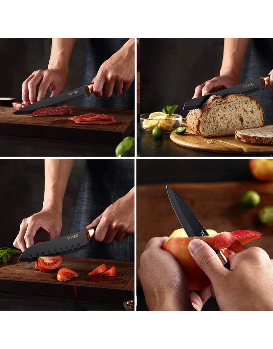 Kitchen Knife Set with Sheath 6 Piece Stainless Steel Chef Knives Set Includes 8'' Chef Knife 8'' Bread Knife 7'' Santoku Knife 5''Utility Knife 8” Carving Knife and 3.5'' Paring Knife Black