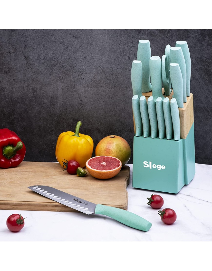 Knife Set 15-piece Kitchen Knifes with Wooden Block Professional Chef Knife Sets with Sharpener Scissors Stainless Steel Sharp knives for Home Green Wheat Straw Handle Light