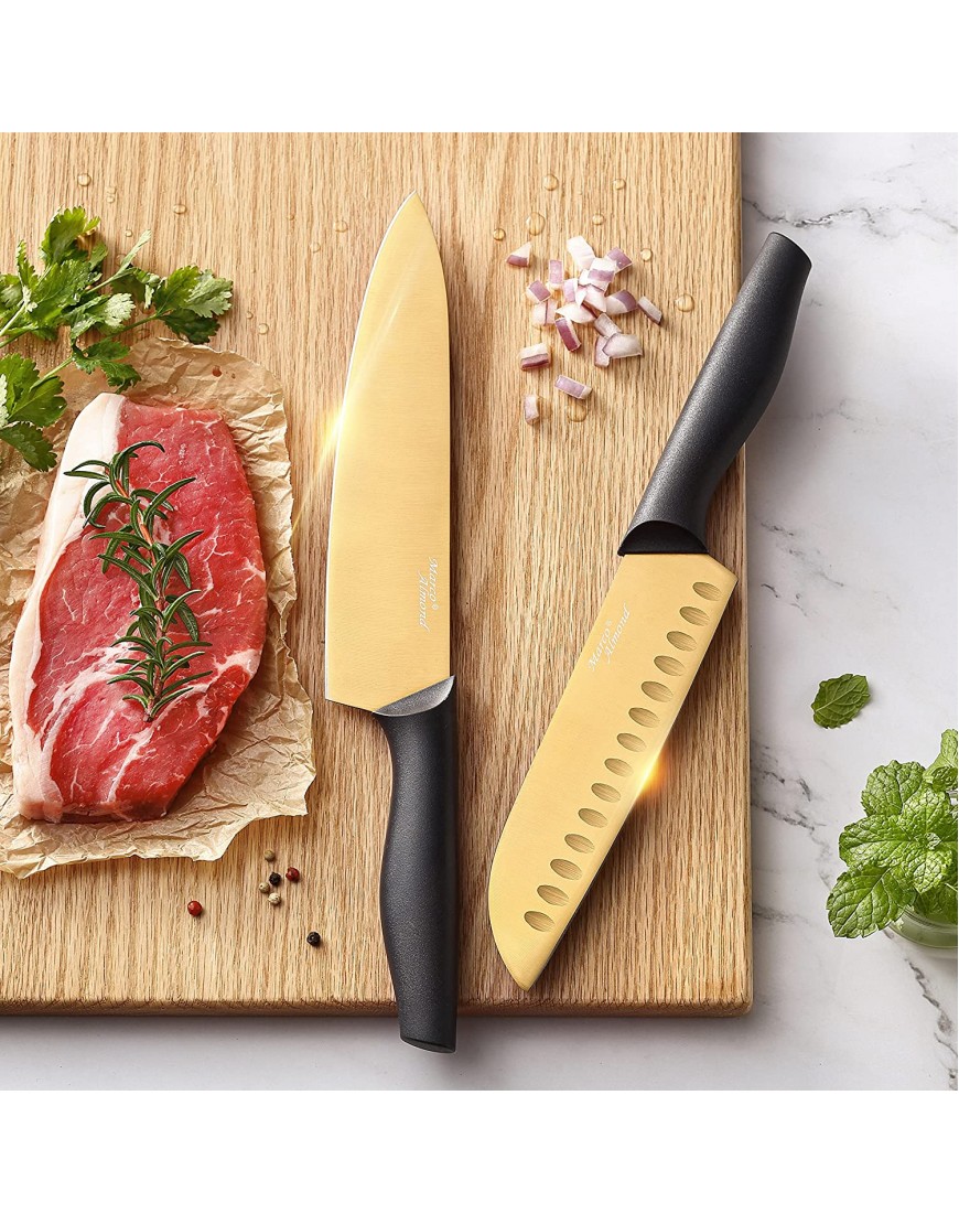 Marco Almond Golden Titanium Knife Set with Acrylic Stand Kitchen Knives Set with Block Scissor,Santoku knife,6 Golden Steak Knives Cutlery Gold Knife Set,14piece Set,Black Handle