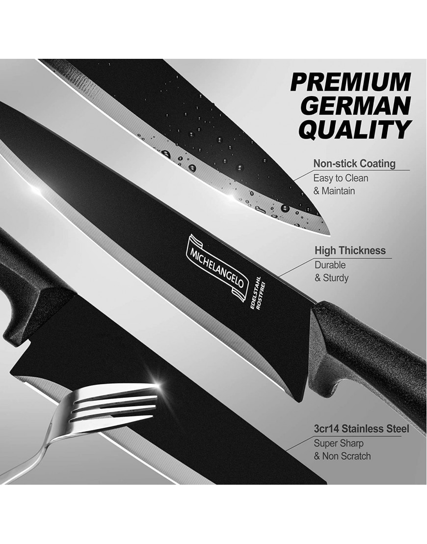 MICHELANGELO 18pc Kitchen Knife Set with Block Super Sharp Black Knife Set Versatile Chef Knife Set with Knife Sharpener & Peeler Stainless Steel Knives for Kitchen 6 Steak Knives Included