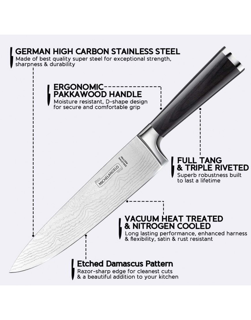 MICHELANGELO Professional Chef Knife 8 Inch Pro German High Carbon Stainless Steel Knife with Ergonomic Handle Japanese Knife Chef Knife for Kitchen 8 Inch Etched Damascus Pattern