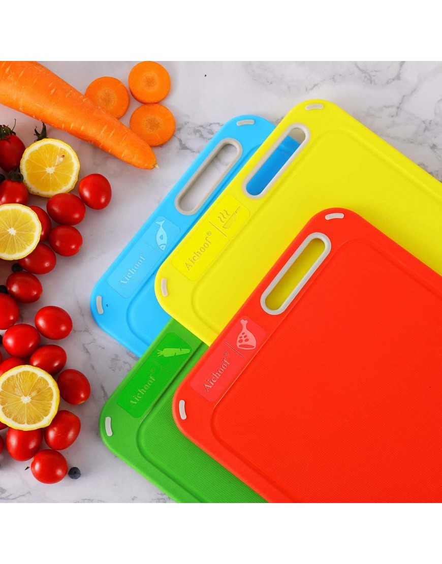 Plastic Cutting Board Set of 4 with Storage Stand Color Box Packed BPA-Free Preventing Cross-contamination of Different Food Types Dishwasher Safe