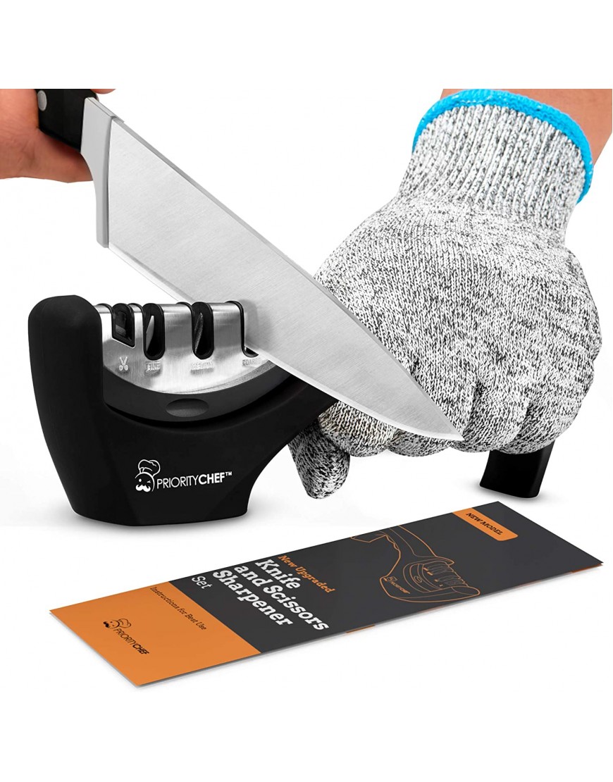 PriorityChef Upgraded 4 in 1 Knife Sharpeners for Kitchen Knives and Scissors New Manual Kitchen Knife Sharpener and Scissor Sharpener Includes Safety Glove