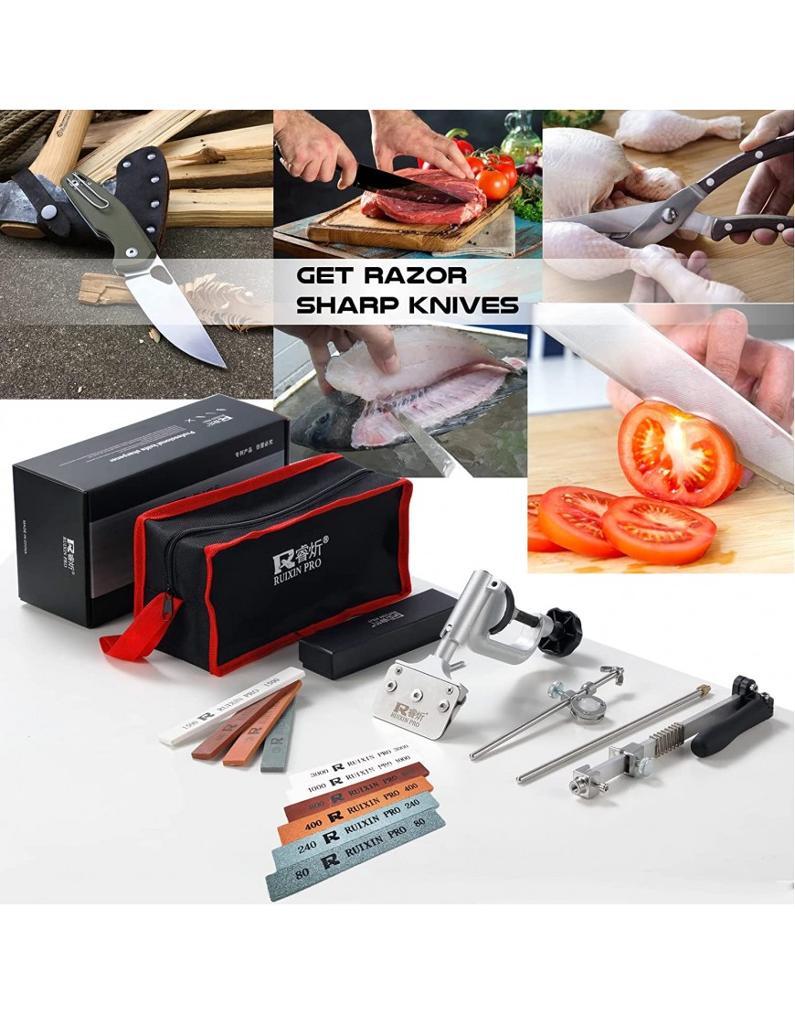 RUIXIN PRO RX-008 Kitchen Knife Sharpener System with 10 Whetstones 360° Rotation Flip Design Fixed Angle Stainless Steel Professional Chef Knife Sharpening Kit Fine Grinding Polishing Tool