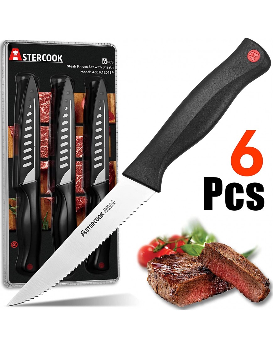Steak Knives Steak Knife Set of 6 with Sheath Astercook Dishwasher Safe High Carbon Stainless Steel Steak Knife with Cover Black