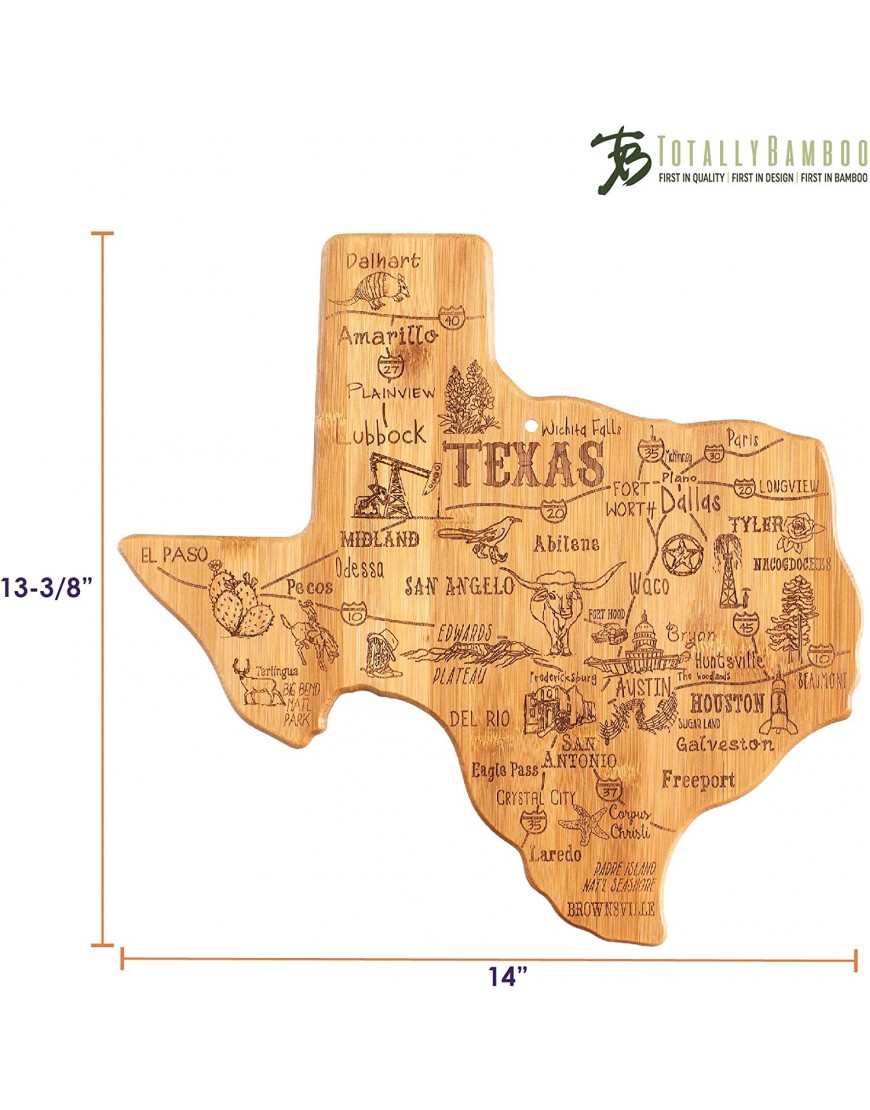 Totally Bamboo Destination Texas State Shaped Serving and Cutting Board Includes Hang Tie for Wall Display