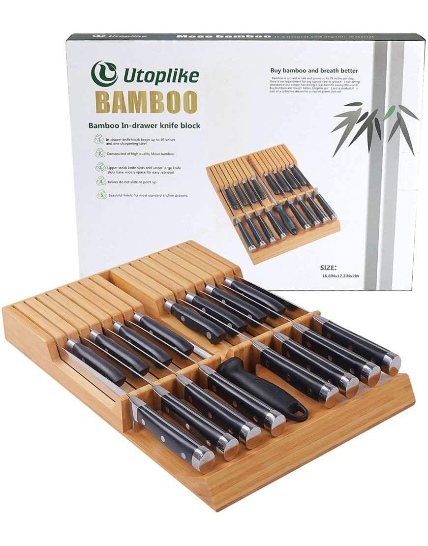 Utoplike In-drawer Knife Block Bamboo Kitchen Knife Drawer Organizer,Large handle Steak knife Holder without Knives fit for 16 knives and 1 Sharpening Steel 16 Knife Organizer）
